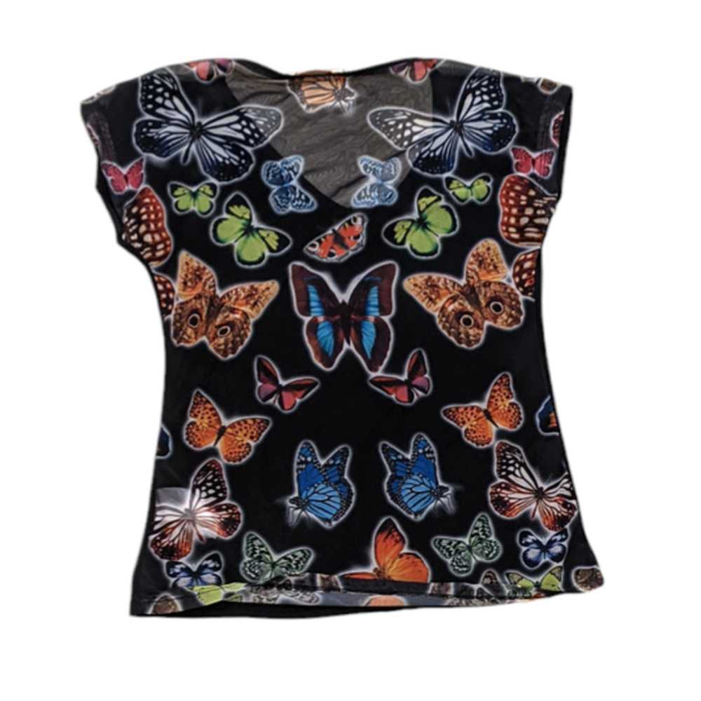 Vazzo Butterfly Shirt 90s Y2K Inspo Mesh Back Solid Front Rhinestone Butterfly M - Picture 2 of 8